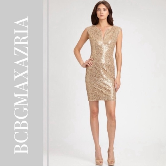✨BCBGMAXAZRIA Gold Sequin Mini Dress NWT – Size 0✨ - Picture 1 of 11